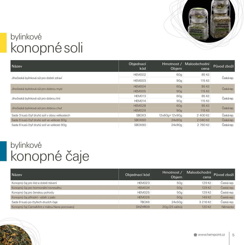 12x60g+12x90g 2 400 Kč Sada 6 kusů čtyř druhů solí ve velikosti 60g SBOX60 24x60g 2 040 Kč Sada 6 kusů čtyř druhů solí ve velikosti 90g SBOX90 24x90g 2 760 Kč bylinkové konopné čaje Konopný čaj pro