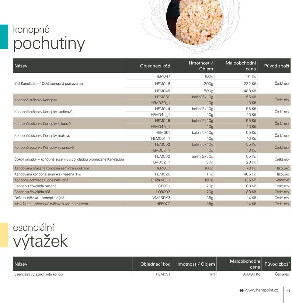 HEM051_1 10g 10 Kč Konopné sušenky Konopky sezamové HEM052 balení 5x10g 55 Kč HEM052_1 10g 10 Kč Čoko-konopky konopné sušenky s čokoládou promazané Kaneládou HEM032 balení 2x30g 55 Kč HEM032_1 30g 28