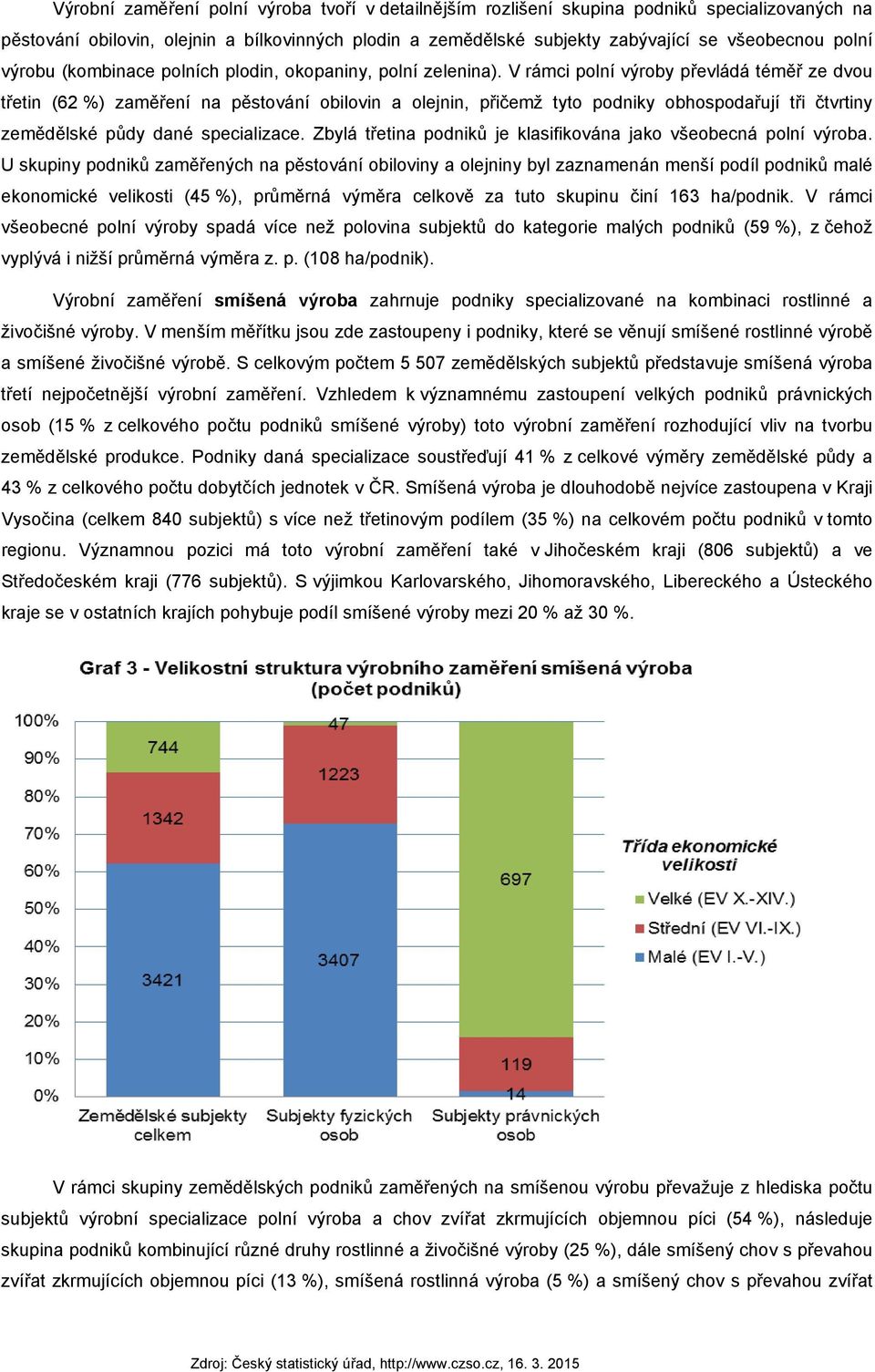 V rámci polní výroby převládá téměř ze dvou třetin (62 %) zaměření na pěstování obilovin a olejnin, přičemž tyto podniky obhospodařují tři čtvrtiny zemědělské půdy dané specializace.