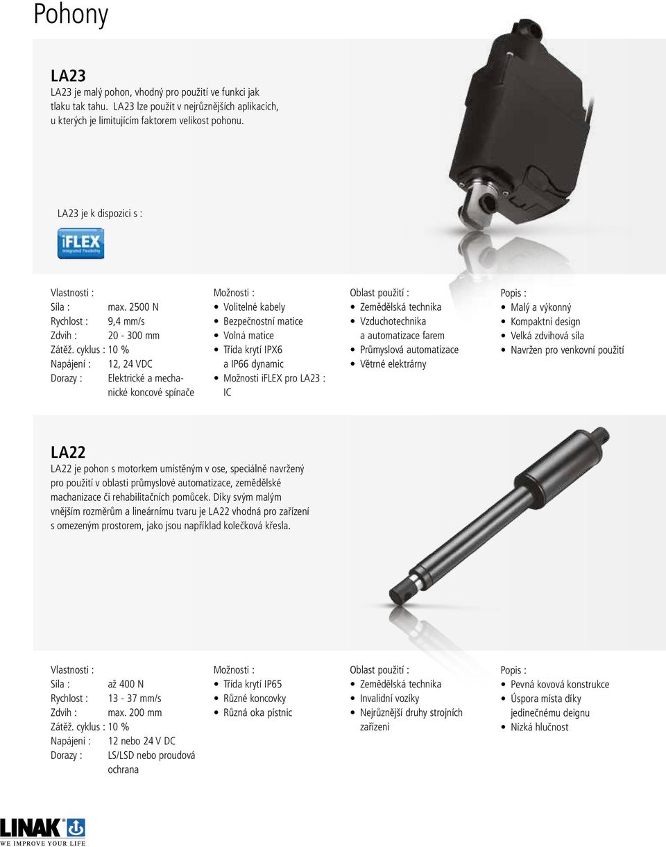 cyklus : 10 % Napájení : 12, 24 VDC Dorazy : Elektrické a mechanické koncové spínače Volitelné kabely Bezpečnostní matice Volná matice Třída krytí IPX6 a IP66 dynamic Možnosti iflex pro LA23 : IC