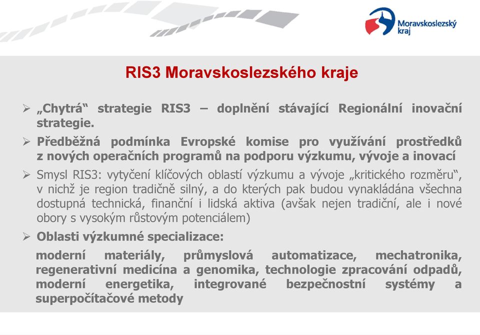 kritického rozměru, v nichž je region tradičně silný, a do kterých pak budou vynakládána všechna dostupná technická, finanční i lidská aktiva (avšak nejen tradiční, ale i nové obory