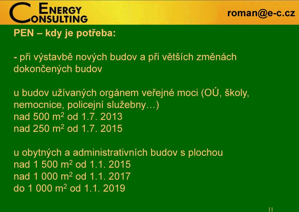 500 m 2 od 1.7. 2013 nad 250 m 2 od 1.7. 2015 u obytných a administrativních budov s plochou nad 1 500 m 2 od 1.