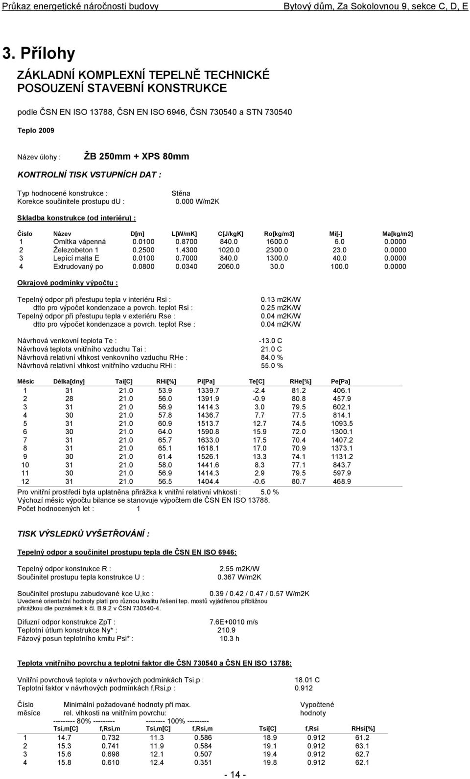 000 W/m2K Skladba konstrukce (od interiéru) : Číslo Název D[m] L[W/mK] C[J/kgK] Ro[kg/m3] Mi[-] Ma[kg/m2] 1 Omítka vápenná 0.0100 0.8700 840.0 1600.0 6.0 0.0000 2 Železobeton 1 0.2500 1.4300 1020.