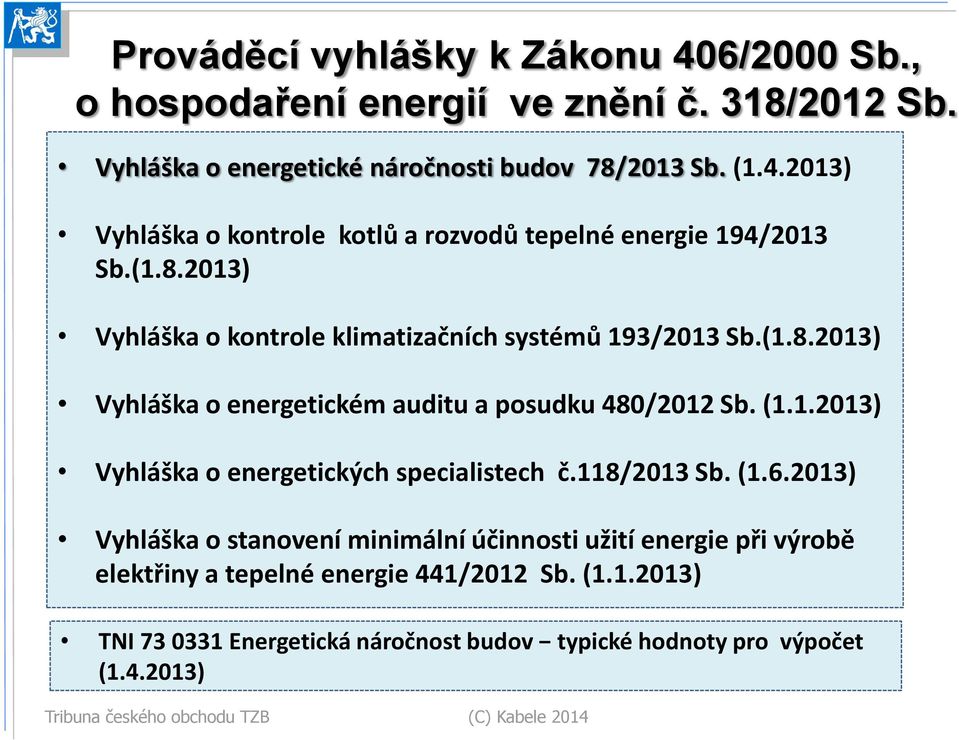 118/2013 Sb. (1.6.2013) Vyhláška o stanovení minimální účinnosti užití energie při výrobě elektřiny a tepelné energie 441/2012 Sb. (1.1.2013) TNI 73 0331 Energetická náročnost budov typické hodnoty pro výpočet (1.
