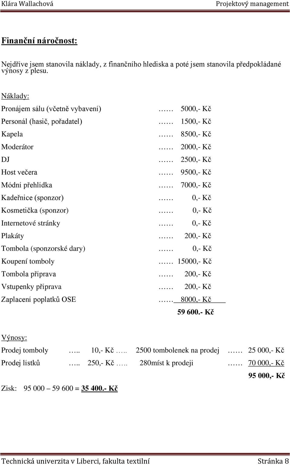 (sponzor) 0,- Kč Kosmetička (sponzor) 0,- Kč Internetové stránky 0,- Kč Plakáty 200,- Kč Tombola (sponzorské dary) 0,- Kč Koupení tomboly 15000,- Kč Tombola příprava 200,- Kč Vstupenky příprava 200,-