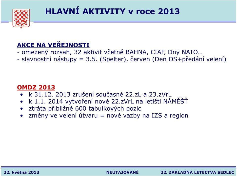 2013 zrušení současné 22.zL a 23.zVrL k 1.1. 2014 vytvoření nové 22.