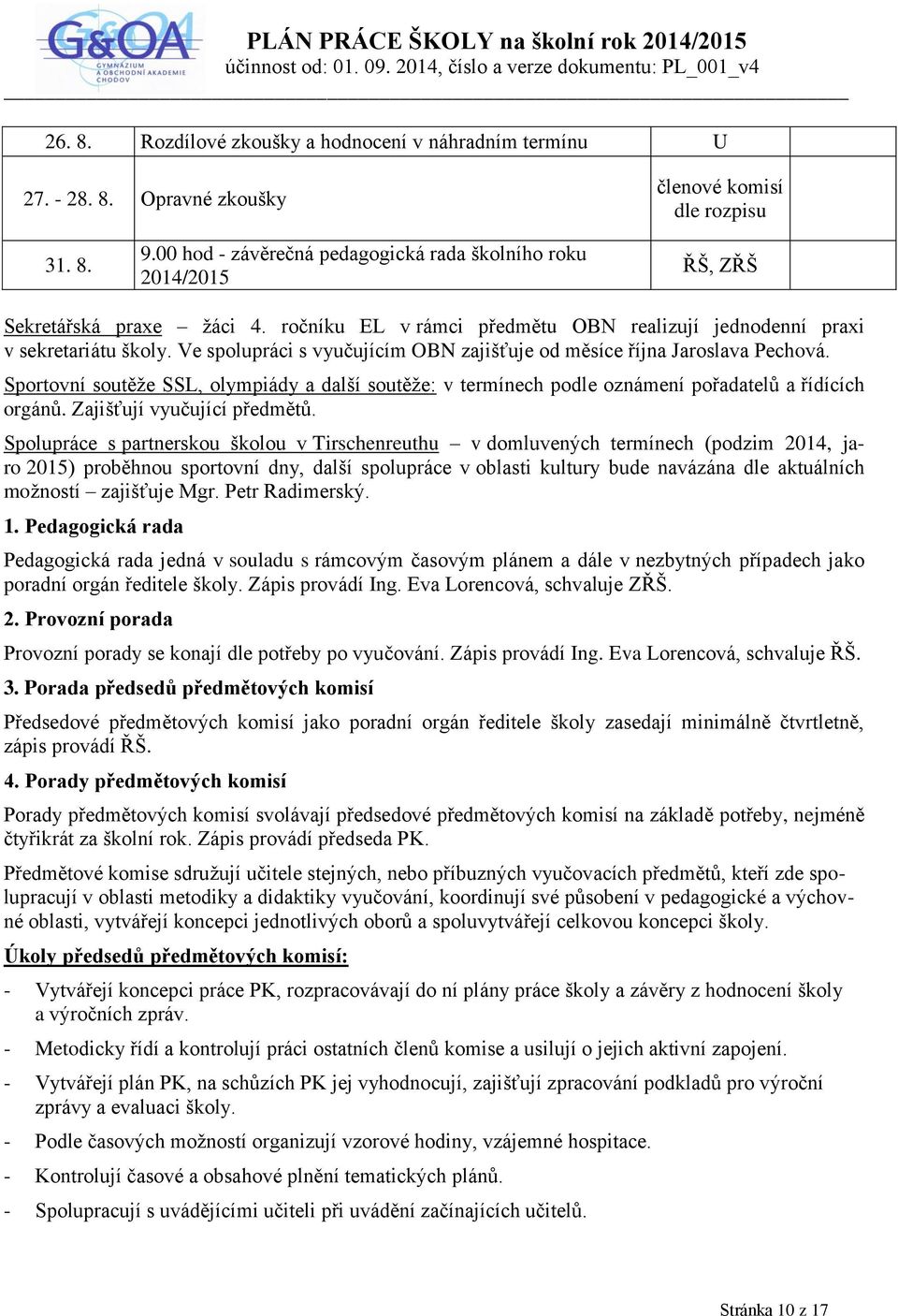 Ve spolupráci s vyučujícím OBN zajišťuje od měsíce října Jaroslava Pechová. Sportovní soutěže SSL, olympiády a další soutěže: v termínech podle oznámení pořadatelů a řídících orgánů.