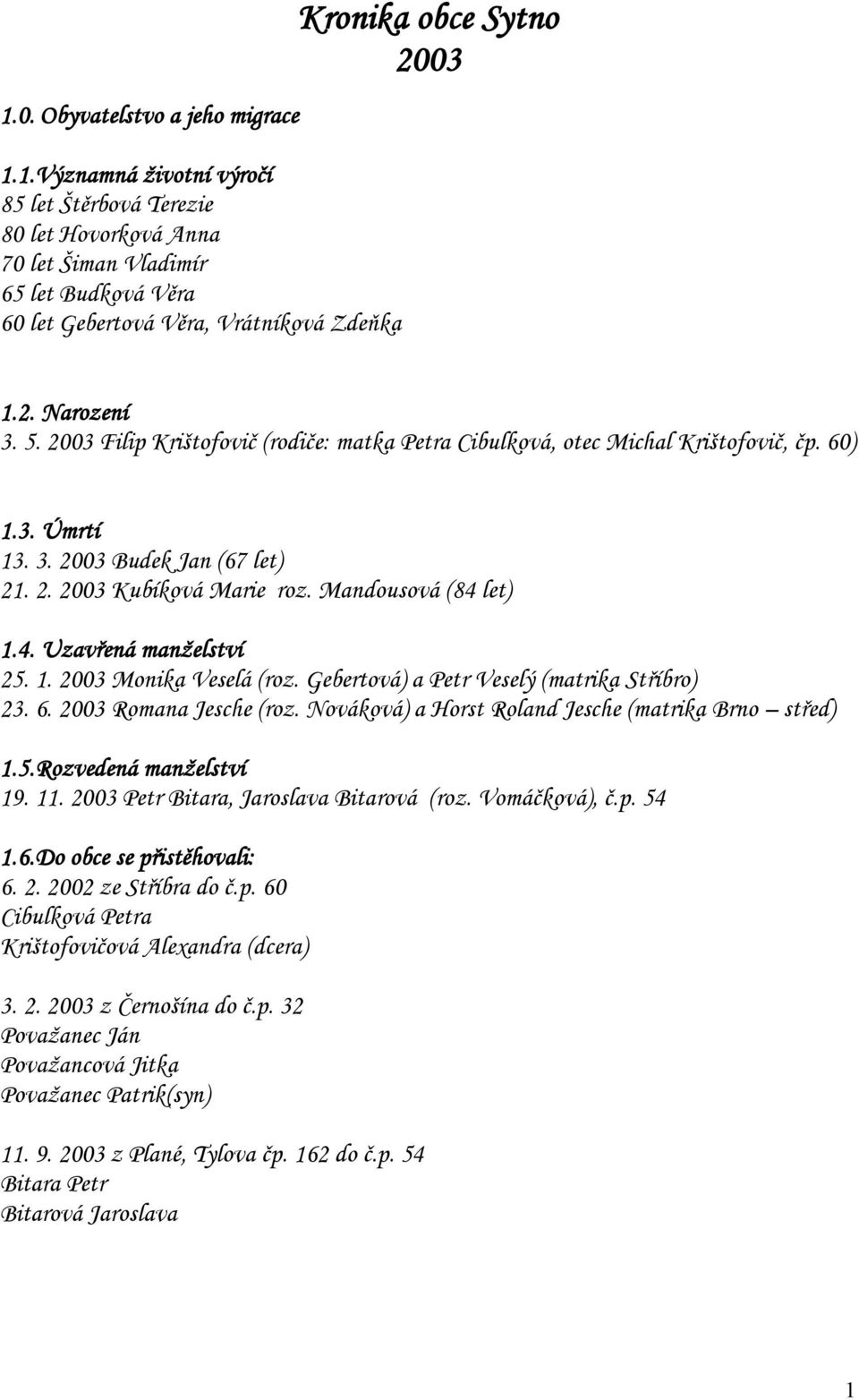 Mandousová (84 let) 1.4. Uzavřená manželství 25. 1. 2003 Monika Veselá (roz. Gebertová) a Petr Veselý (matrika Stříbro) 23. 6. 2003 Romana Jesche (roz.