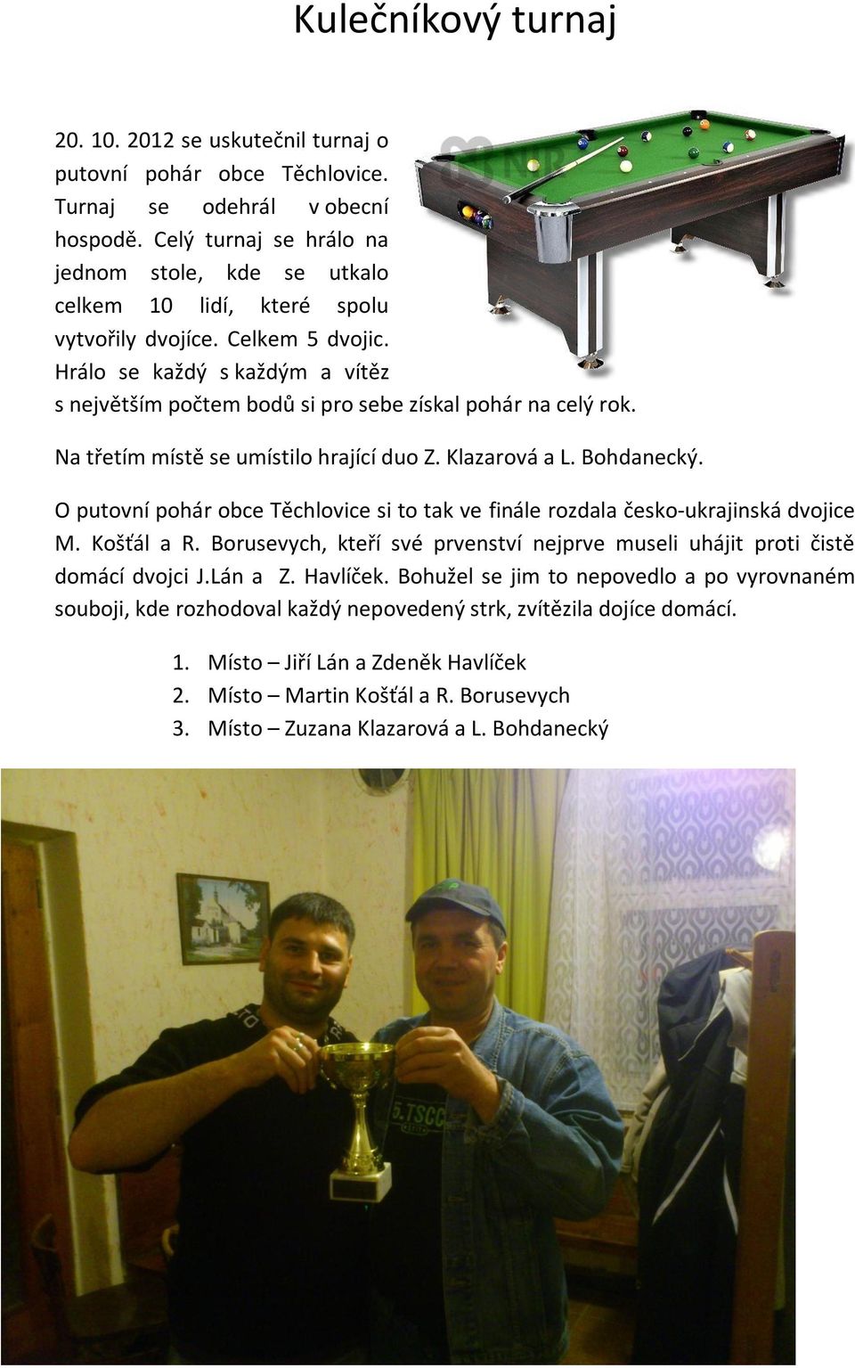 Hrálo se každý s každým a vítěz s největším počtem bodů si pro sebe získal pohár na celý rok. Na třetím místě se umístilo hrající duo Z. Klazarová a L. Bohdanecký.