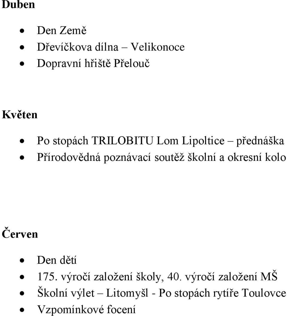 školní a okresní kolo Červen Den dětí 175. výročí založení školy, 40.