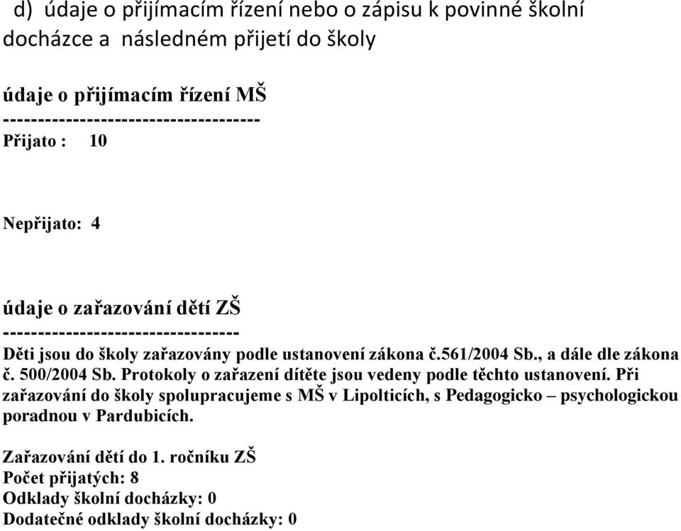 ustanovení zákona č.561/2004 Sb., a dále dle zákona č. 500/2004 Sb. Protokoly o zařazení dítěte jsou vedeny podle těchto ustanovení.