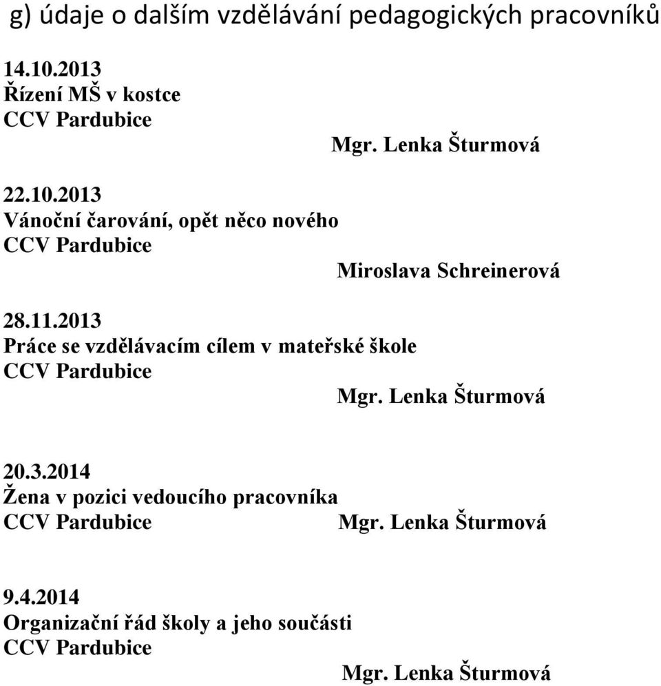 2013 Práce se vzdělávacím cílem v mateřské škole CCV Pardubice Mgr. Lenka Šturmová 20.3.2014 Žena v pozici vedoucího pracovníka CCV Pardubice Mgr.