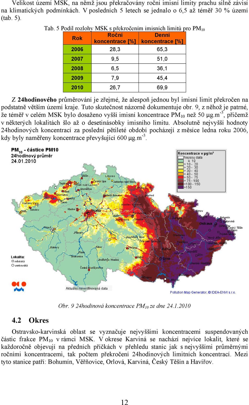průměrování je zřejmé, že alespoň jednou byl imisní limit překročen na podstatně větším území kraje. Tuto skutečnost názorně dokumentuje obr.