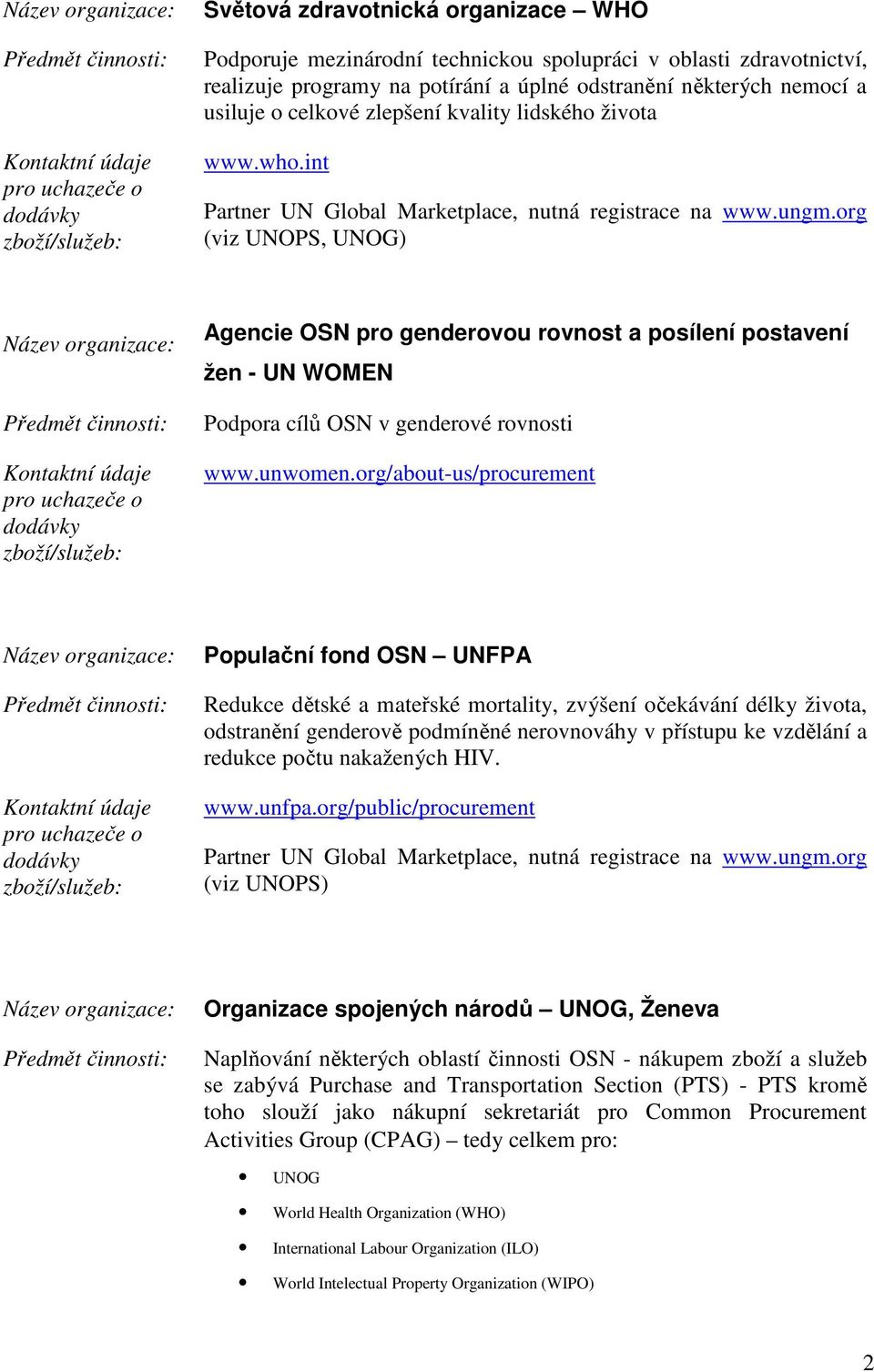 org/about-us/procurement Populační fond OSN UNFPA Redukce dětské a mateřské mortality, zvýšení očekávání délky života, odstranění genderově podmíněné nerovnováhy v přístupu ke vzdělání a redukce