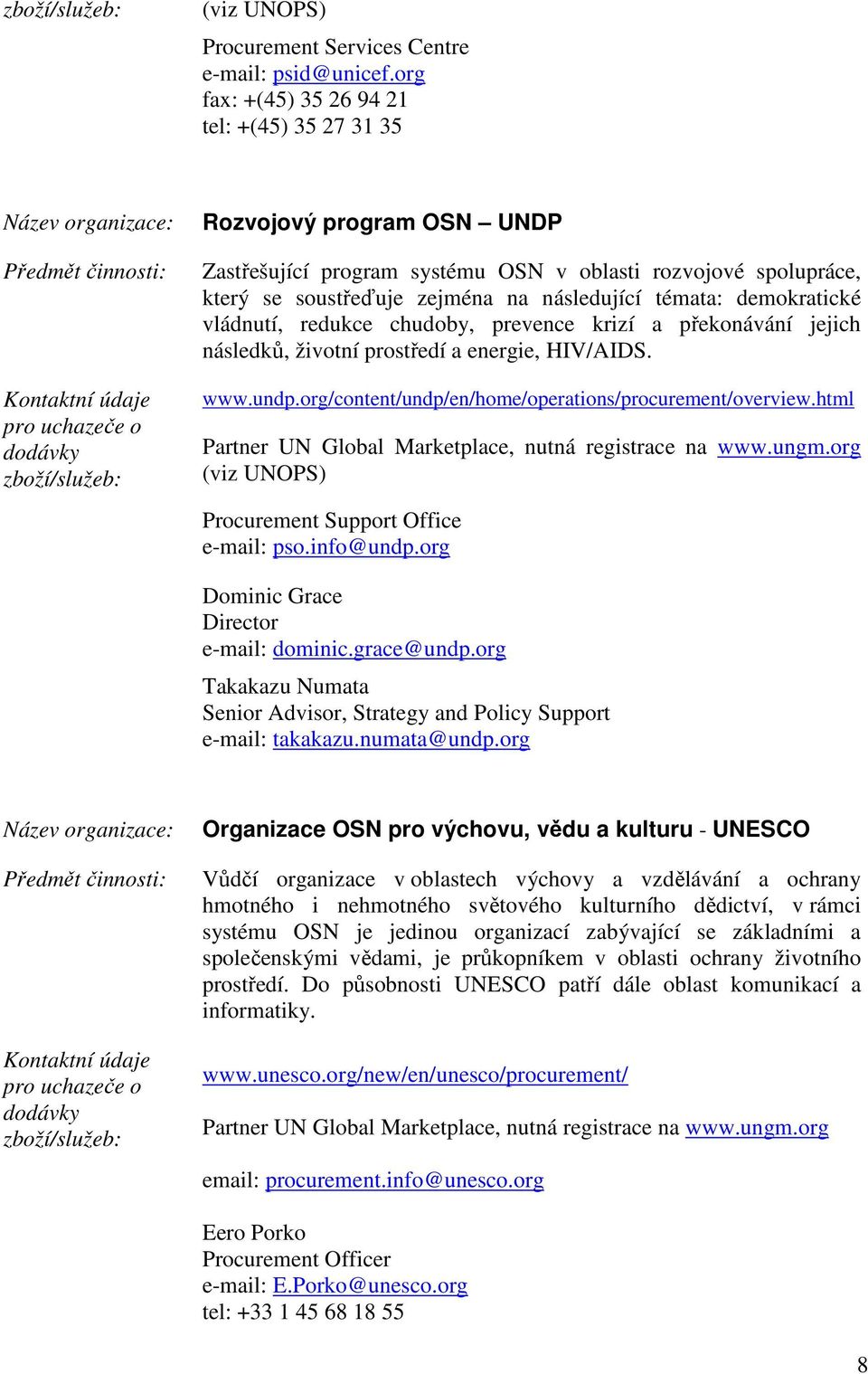 demokratické vládnutí, redukce chudoby, prevence krizí a překonávání jejich následků, životní prostředí a energie, HIV/AIDS. www.undp.org/content/undp/en/home/operations/procurement/overview.