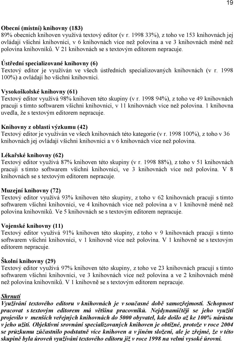 Ústřední specializované knihovny (6) Textový editor je využíván ve všech ústředních specializovaných knihovnách (v r. 1998 100%) a ovládají ho všichni knihovníci.