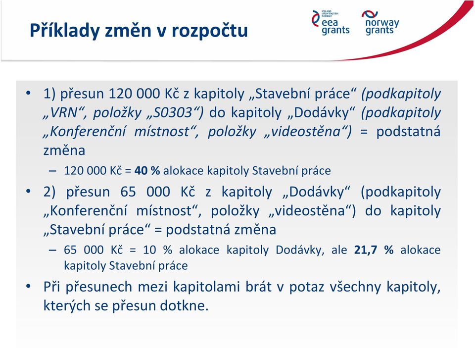 kapitoly Dodávky (podkapitoly Konferenční místnost, položky videostěna ) do kapitoly Stavební práce = podstatnázměna 65 000 Kč = 10 %