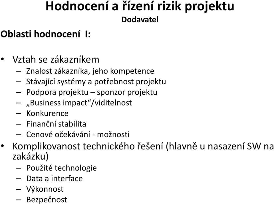 Business impact /viditelnost Konkurence Finanční stabilita Cenové očekávání - možnosti Komplikovanost