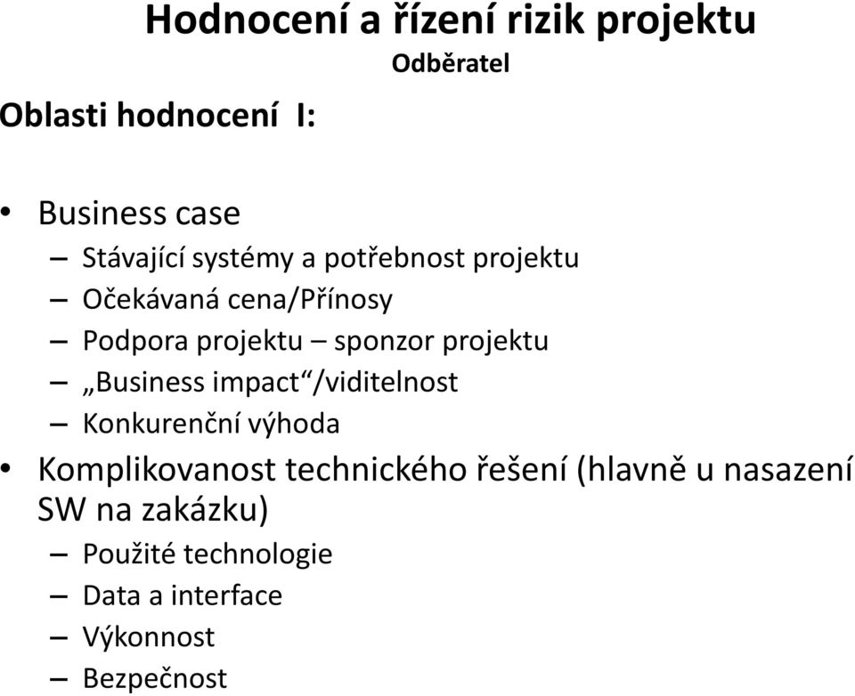 projektu Business impact /viditelnost Konkurenční výhoda Komplikovanost technického
