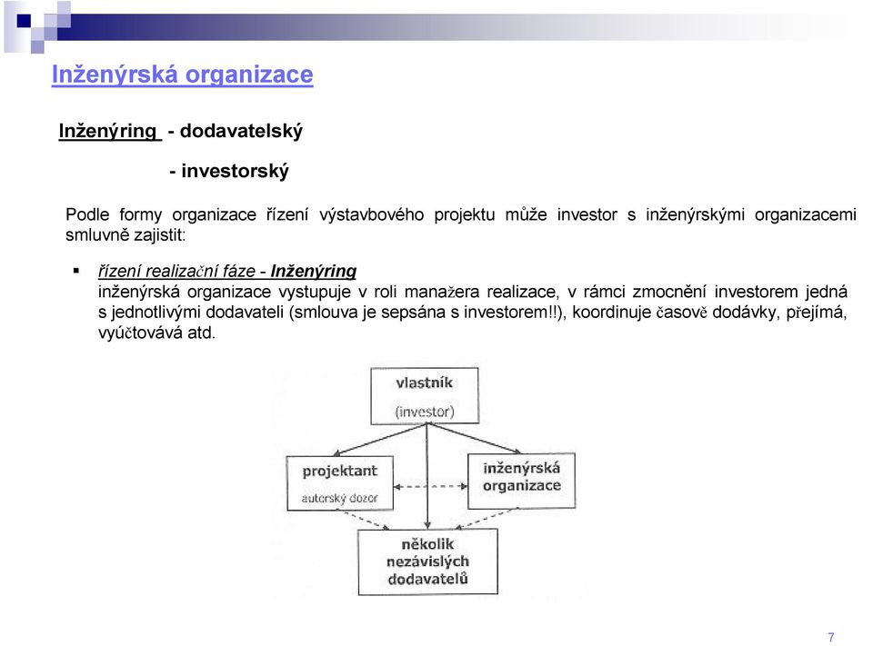 inženýrská organizace vystupuje v roli manažera realizace, v rámci zmocnění investorem jedná s