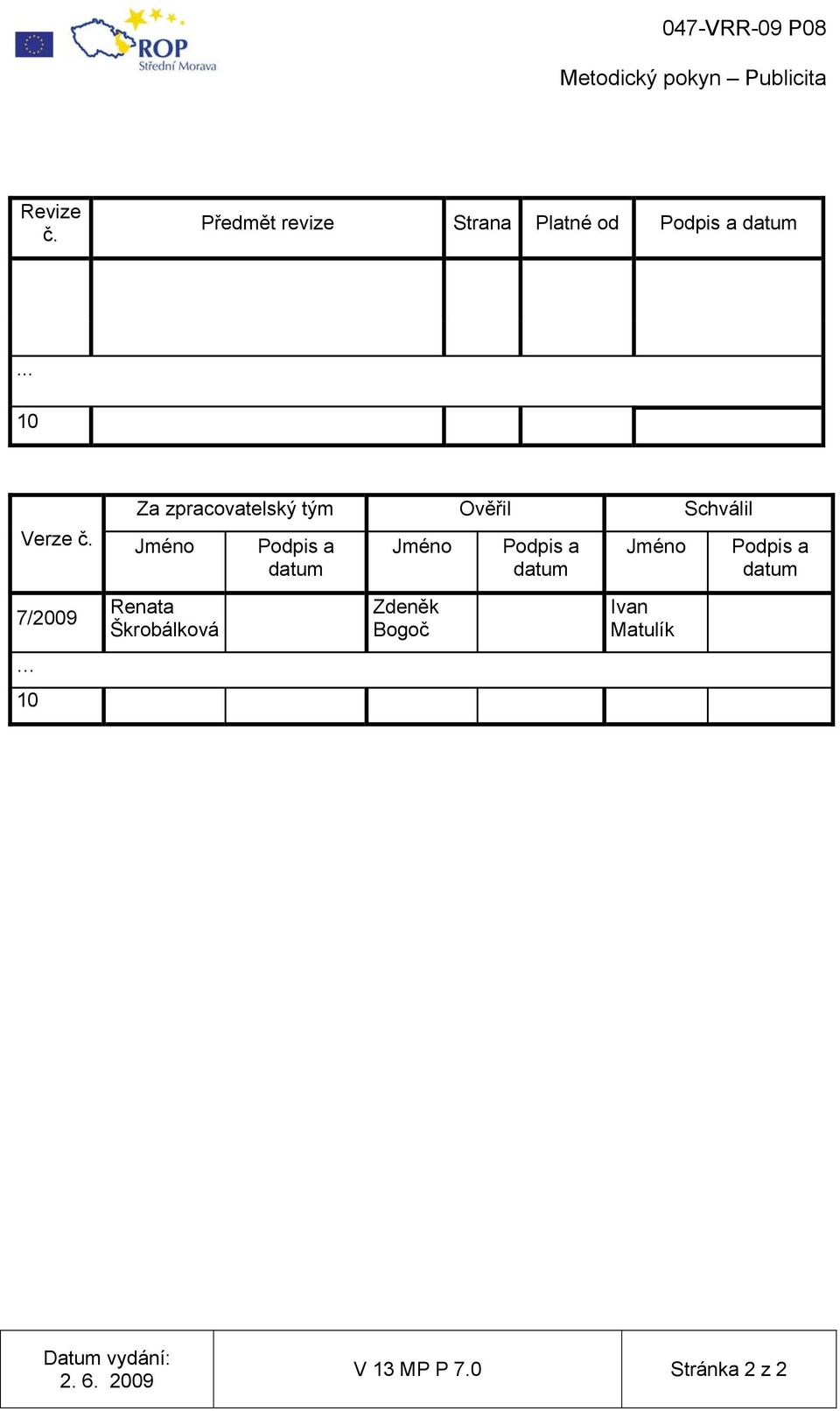 7/2009 10 Za zpracovatelský tým Ověřil Schválil Jméno Renata Škrobálková