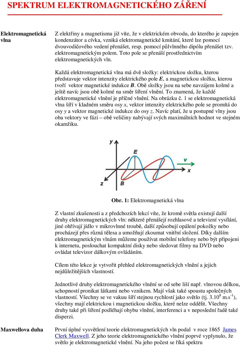 Každá elektromagnetická vlna má dv složky: elektrickou složku, kterou pedstavuje vektor intenzity elektrického pole E, a magnetickou složku, kterou tvoí vektor magnetické indukce B.