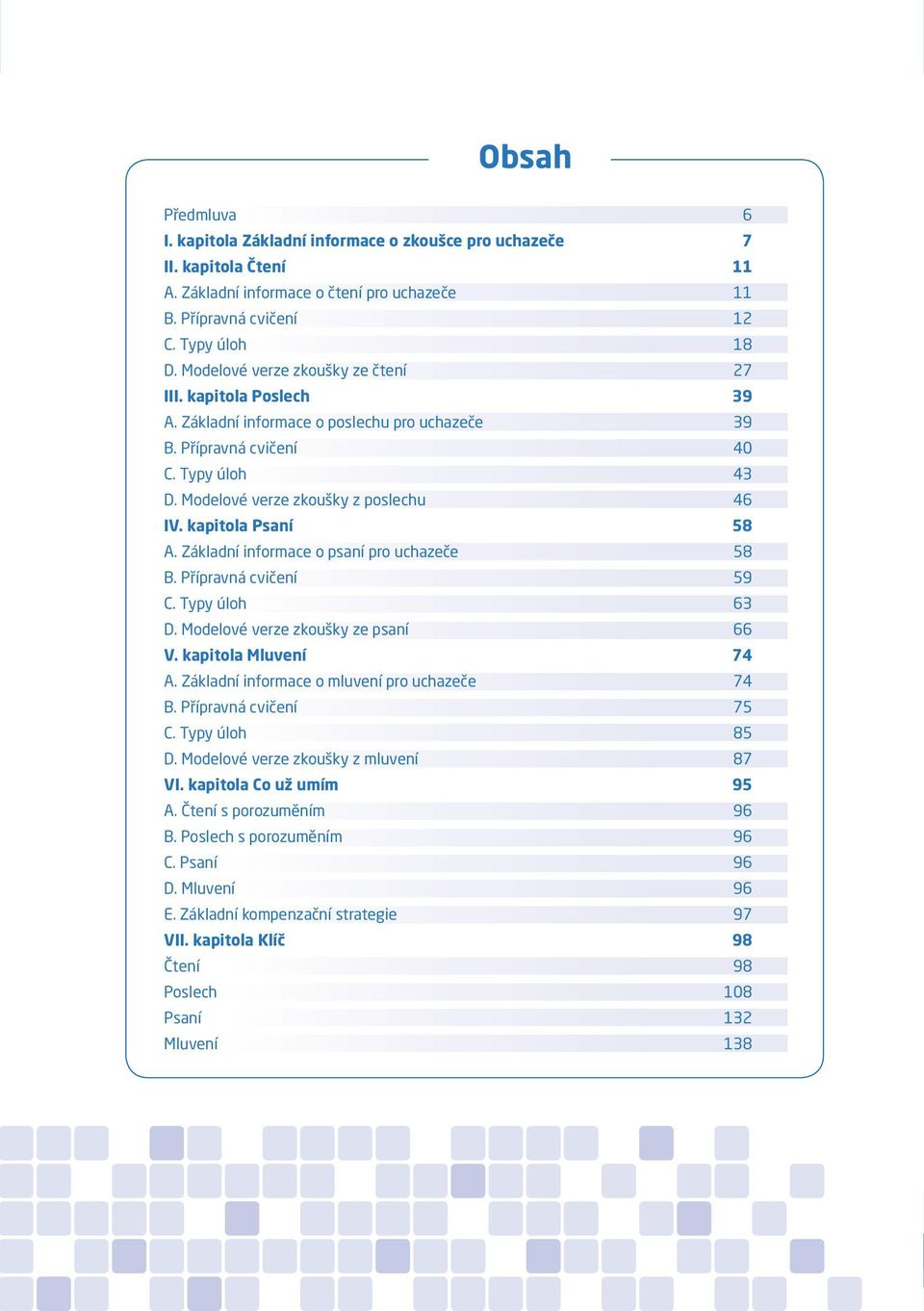 kapitola Psaní 58 A. Základní informace o psaní pro uchazeče 58 B. Přípravná cvičení 59 C. Typy úloh 63 D. Modelové verze zkoušky ze psaní 66 V. kapitola Mluvení 74 A.