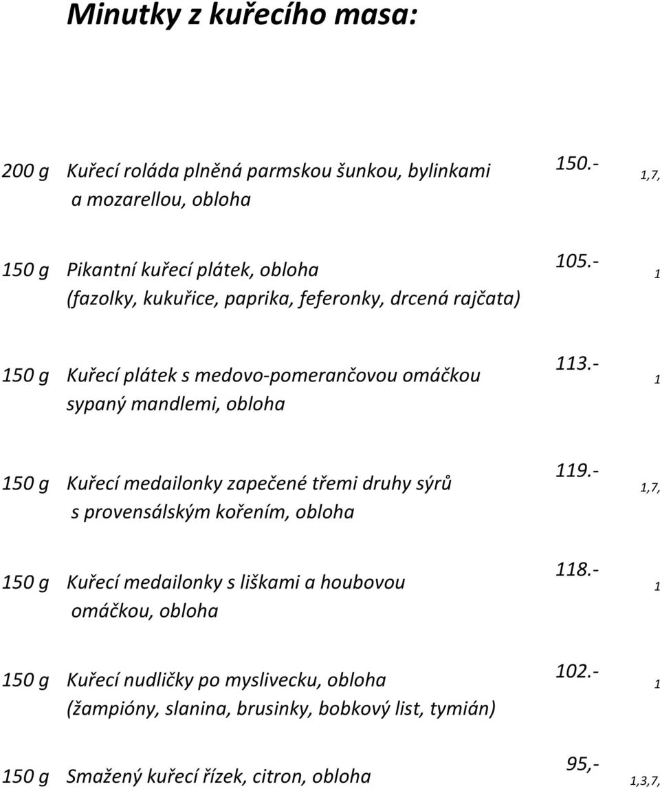 medailonky s liškami a houbovou omáčkou, obloha 1 150 g Kuřecí nudličky po myslivecku, obloha (žampióny, slanina, brusinky, bobkový list, tymián) 150 g