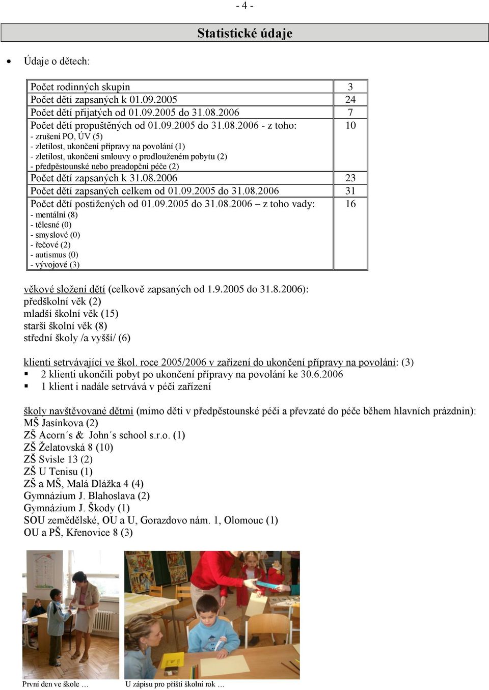 2006 - z toho: 10 - zrušení PO, ÚV (5) - zletilost, ukončení přípravy na povolání (1) - zletilost, ukončení smlouvy o prodlouţeném pobytu (2) - předpěstounské nebo preadopční péče (2) Počet dětí