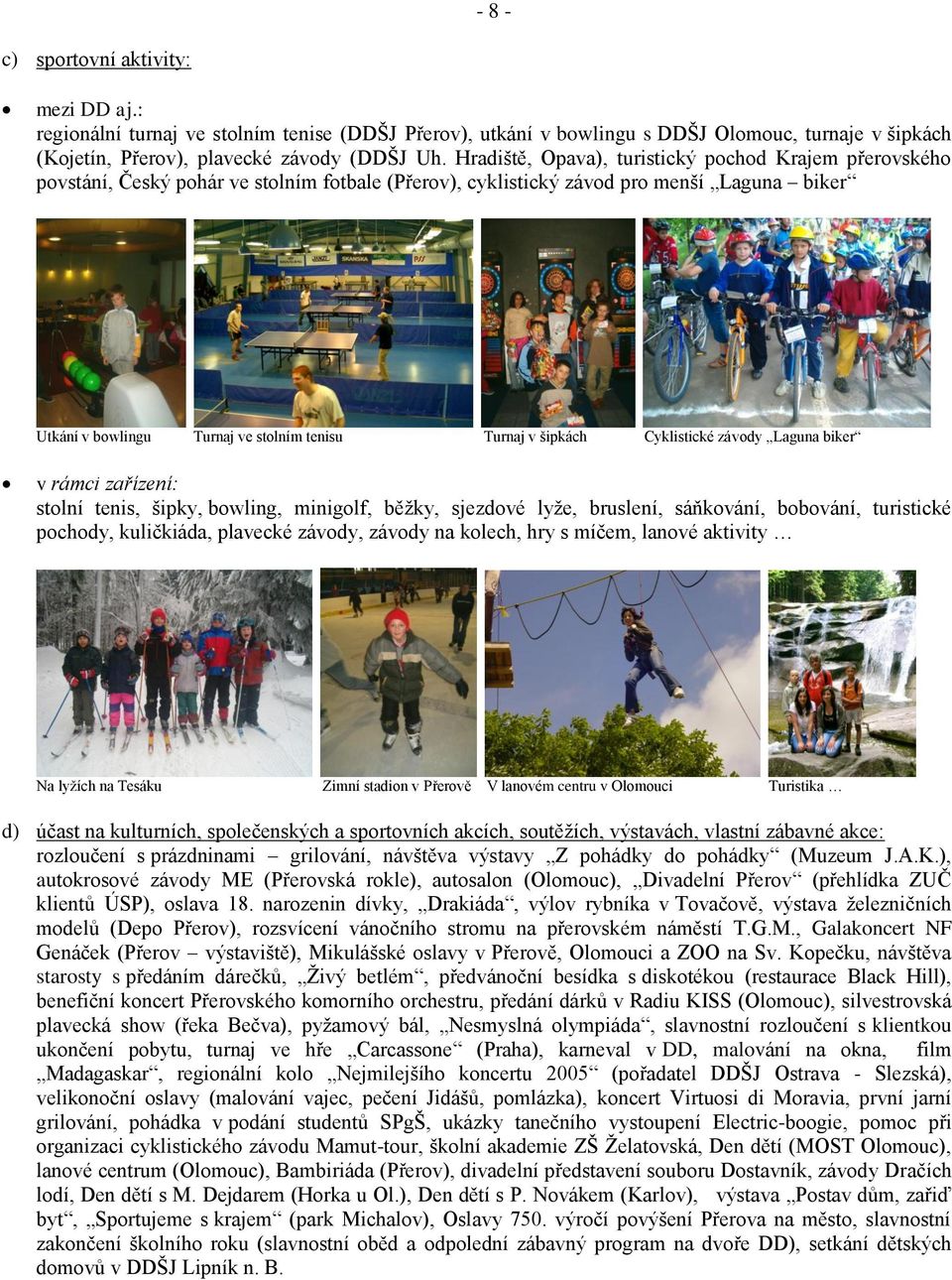 šipkách Cyklistické závody Laguna biker v rámci zařízení: stolní tenis, šipky, bowling, minigolf, běţky, sjezdové lyţe, bruslení, sáňkování, bobování, turistické pochody, kuličkiáda, plavecké závody,