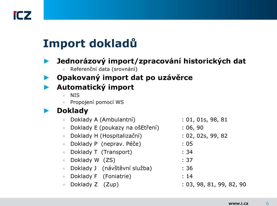 ošetření) : 06, 90 Doklady H (Hospitalizační) : 02, 02s, 99, 82 Doklady P (neprav.