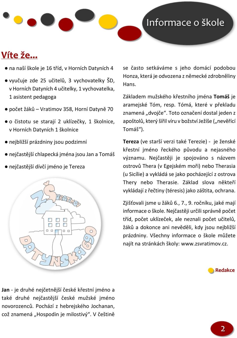 èistotu se starají 2 uklízeèky, 1 kolnice, v Horních Datyních 1 kolnice nejblií prázdniny jsou podzimní nejèastìjí chlapecká jména jsou Jan a Tomá nejèastìjí dívèí jméno je Tereza se èasto setkáváme