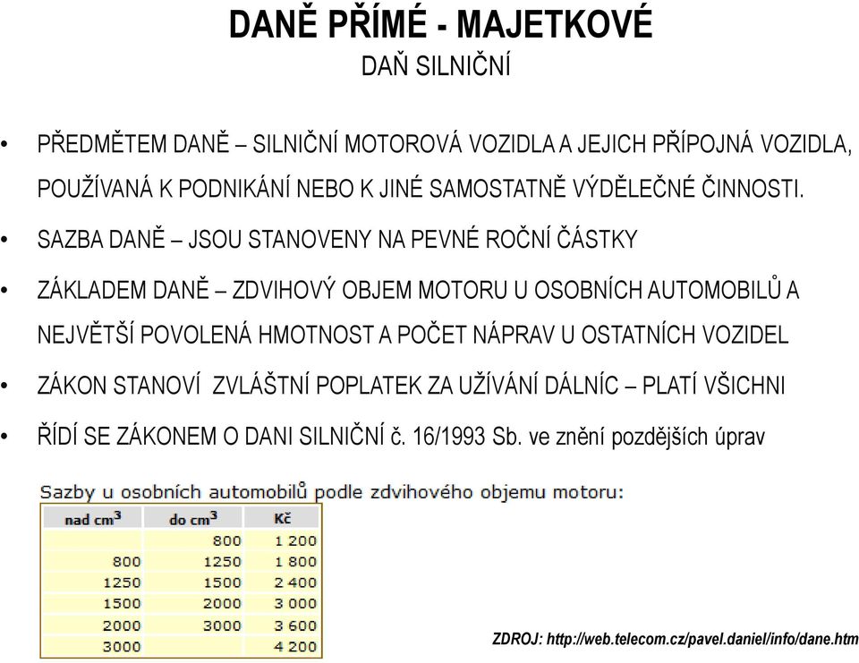 SAZBA DANĚ JSOU STANOVENY NA PEVNÉ ROČNÍ ČÁSTKY ZÁKLADEM DANĚ ZDVIHOVÝ OBJEM MOTORU U OSOBNÍCH AUTOMOBILŮ A NEJVĚTŠÍ POVOLENÁ