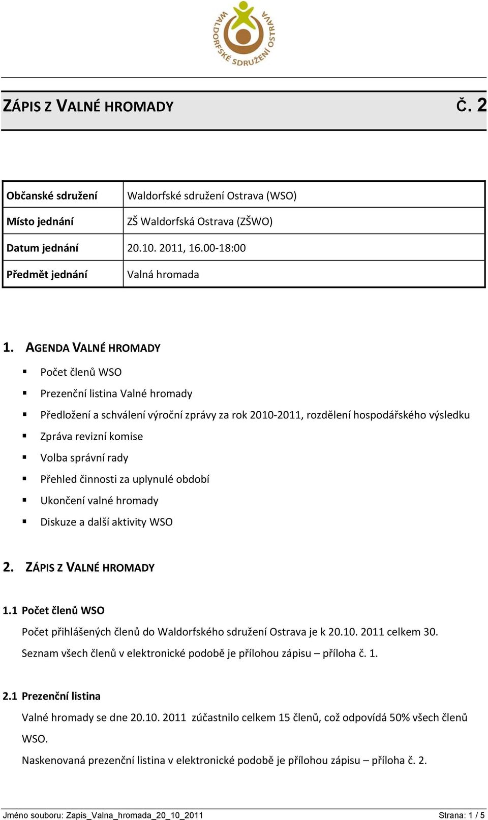 činnsti za uplynulé bdbí Uknčení valné hrmady Diskuze a další aktivity WSO 2. ZÁPIS Z VALNÉ HROMADY 1.1 Pčet členů WSO Pčet přihlášených členů d Waldrfskéh sdružení Ostrava je k 20.10. 2011 celkem 30.