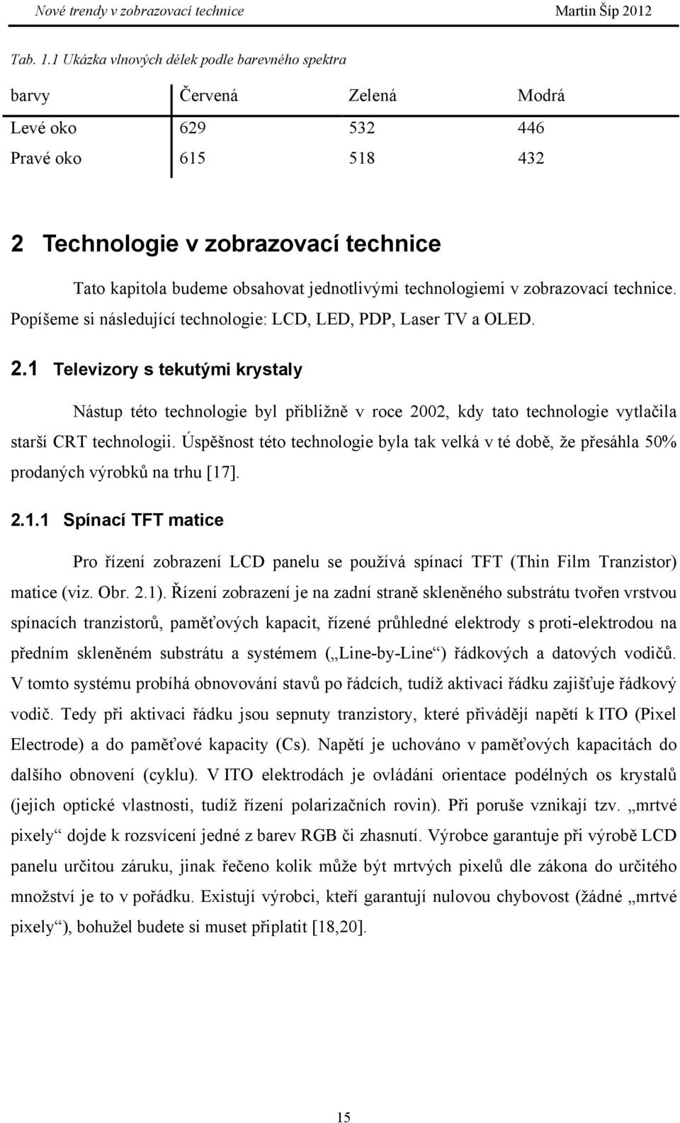 technologiemi v zobrazovací technice. Popíšeme si následující technologie: LCD, LED, PDP, Laser TV a OLED. 2.