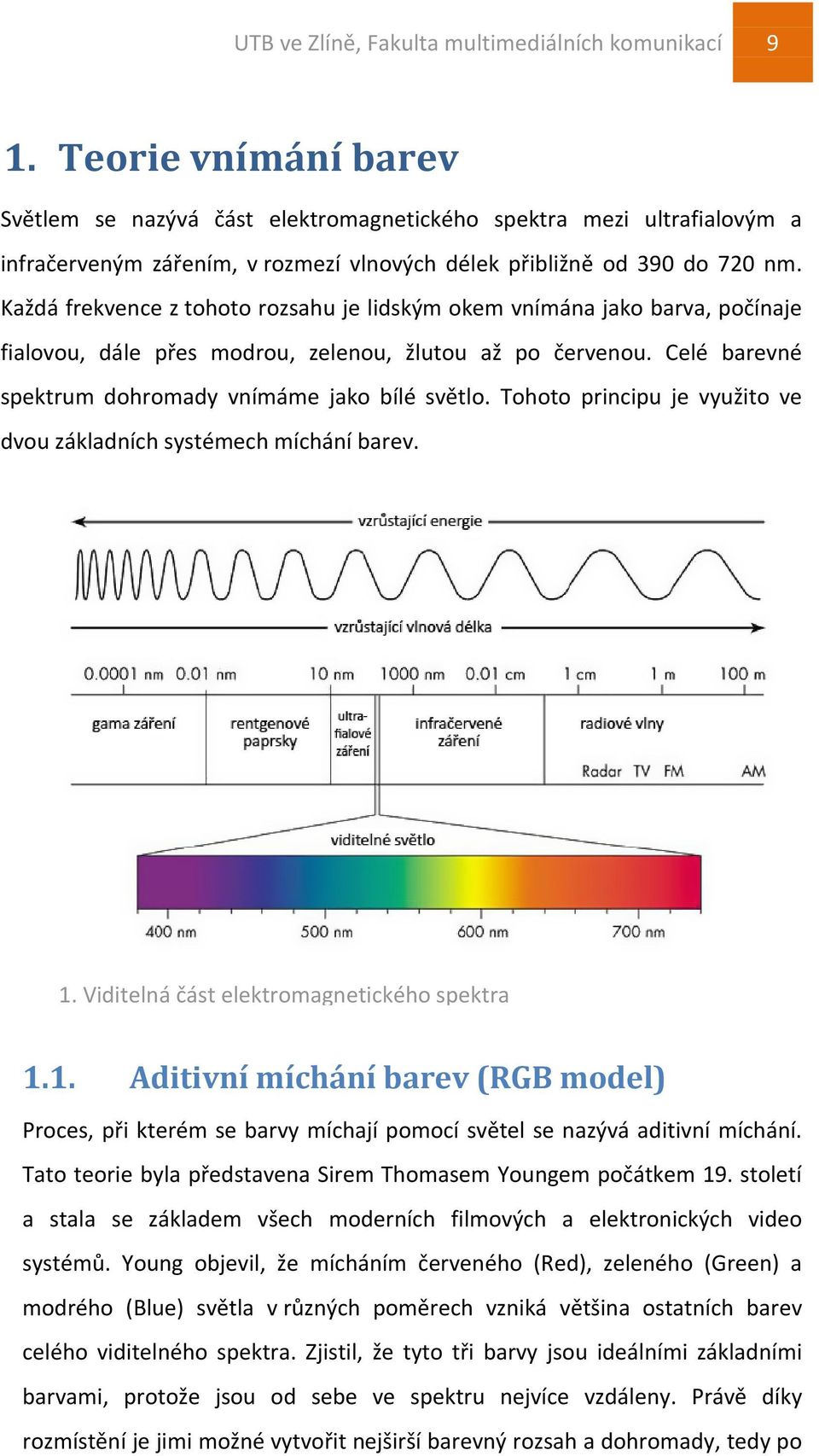 Každá frekvence z tohoto rozsahu je lidským okem vnímána jako barva, počínaje fialovou, dále přes modrou, zelenou, žlutou až po červenou. Celé barevné spektrum dohromady vnímáme jako bílé světlo.