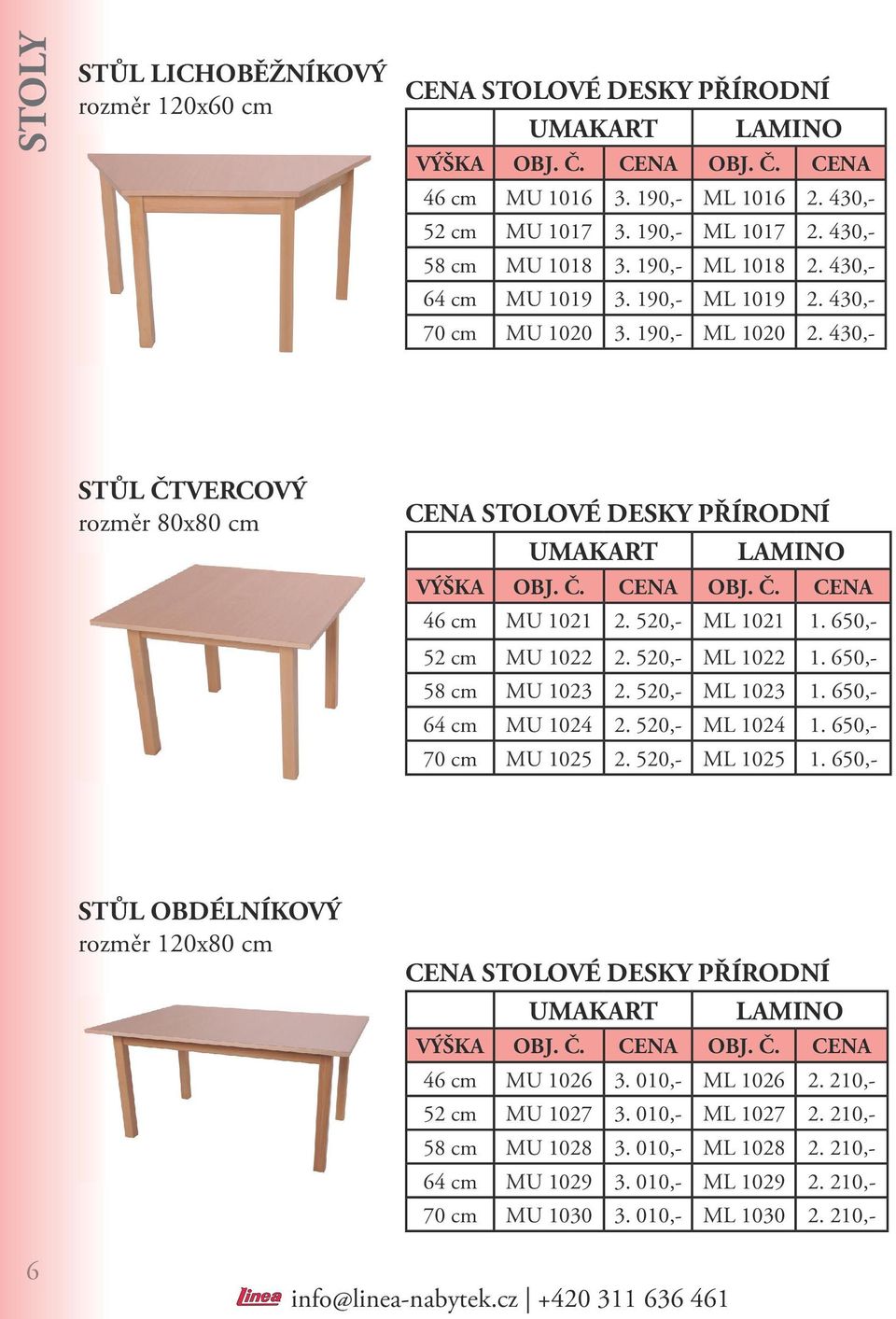 430,- STŮL ČTVERCOVÝ rozměr 80x80 cm CENA STOLOVÉ DESKY PŘÍRODNÍ UMAKART LAMINO VÝŠKA CENA CENA 46 cm MU 1021 2. 520,- ML 1021 1. 650,- 52 cm MU 1022 2. 520,- ML 1022 1. 650,- 58 cm MU 1023 2.