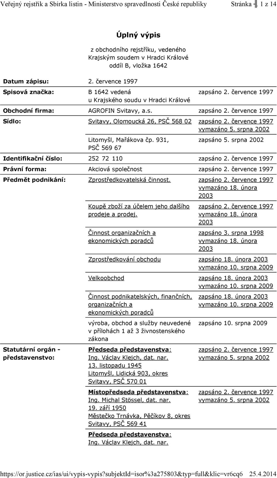 firma: AGROFIN Svitavy, a.s. Sídlo: Svitavy, Olomoucká 26, PSČ 568 02 Litomyšl, Mařákova čp.