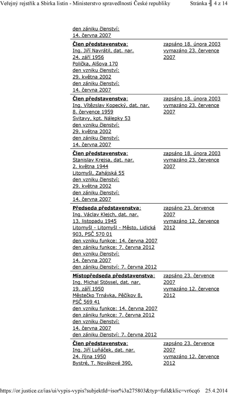 listopadu 1945 Litomyšl - Litomyšl - Město, Lidická 903, PSČ 570 01 den vzniku funkce: den zániku funkce: 7. června 7. června Místopředseda představenstva: Ing.