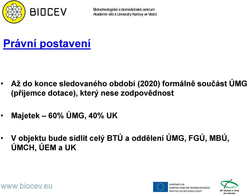 nese zodpovědnost Majetek 60% ÚMG, 40% UK V objektu