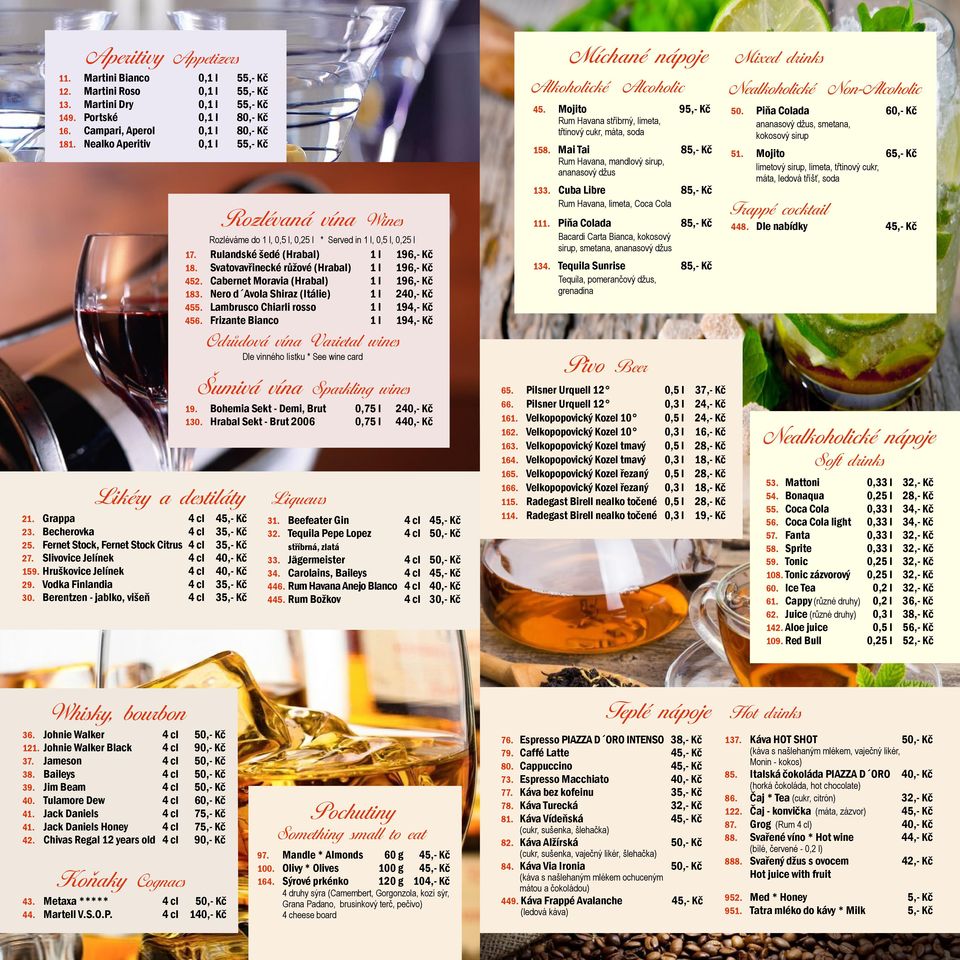 Hruškovice Jelínek 4 cl 40,- Kč 29. Vodka Finlandia 4 cl 35,- Kč 30. Berentzen - jablko, višeň 4 cl 35,- Kč Rozlévaná vína Wines Rozléváme do 1 l, 0,5 l, 0,25 l * Served in 1 l, 0,5 l, 0,25 l 17.