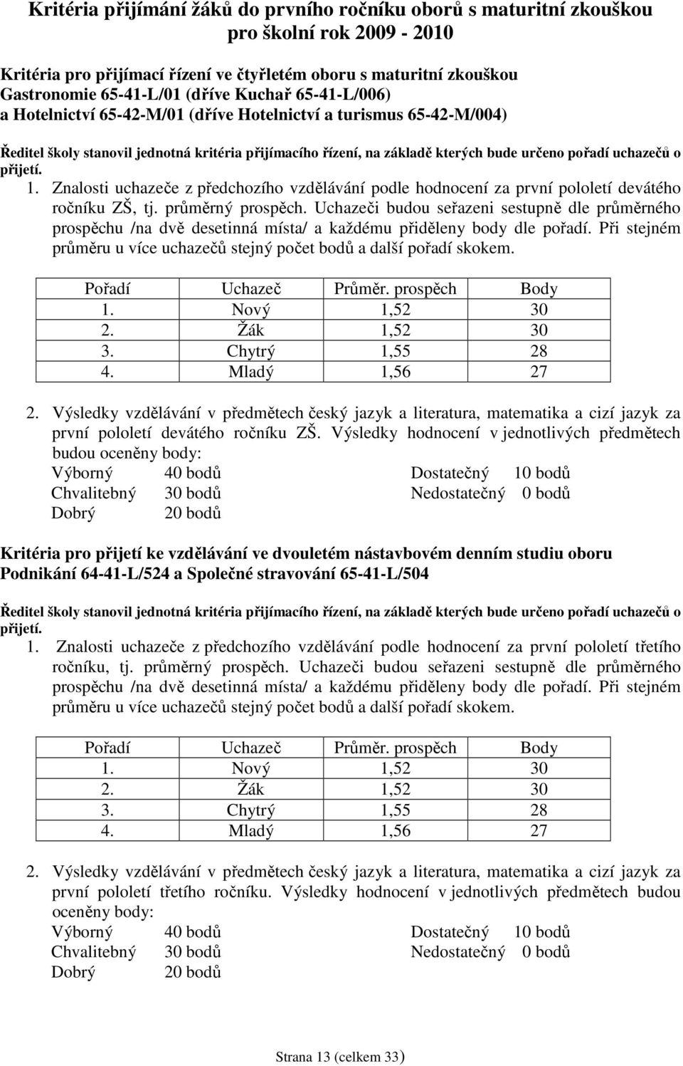 přijetí. 1. Znalosti uchazeče z předchozího vzdělávání podle hodnocení za první pololetí devátého ročníku ZŠ, tj. průměrný prospěch.