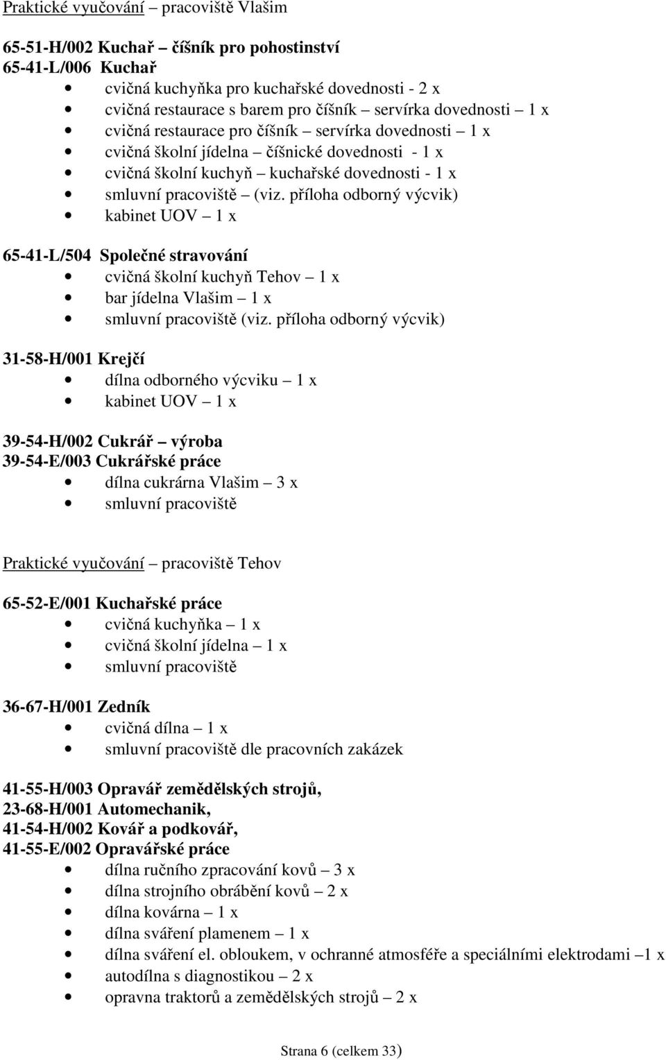příloha odborný výcvik) kabinet UOV 1 x 65-41-L/504 Společné stravování cvičná školní kuchyň Tehov 1 x bar jídelna Vlašim 1 x smluvní pracoviště (viz.