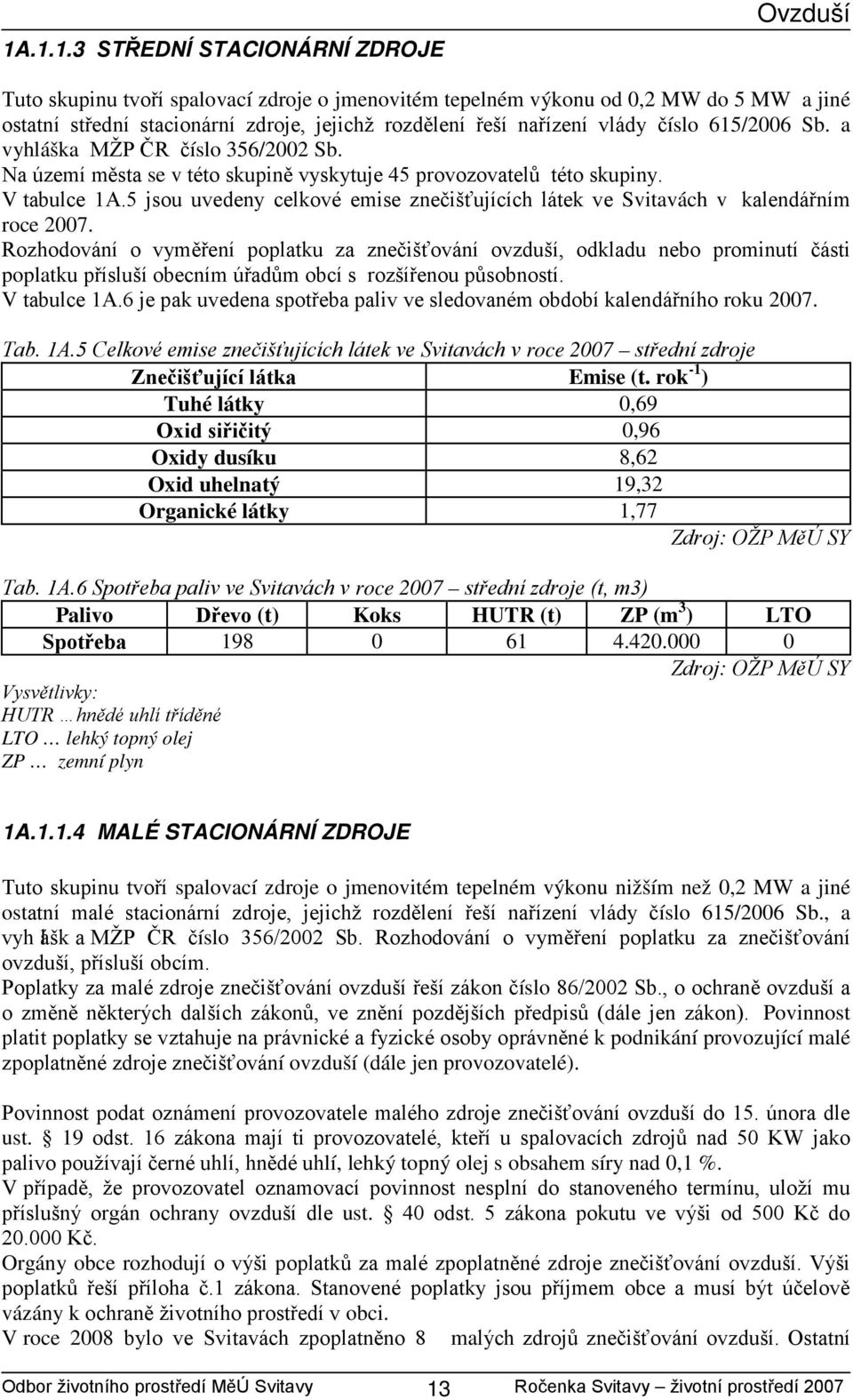 5 jsou uvedeny celkové emise znečišťujících látek ve Svitavách v kalendářním roce 2007.