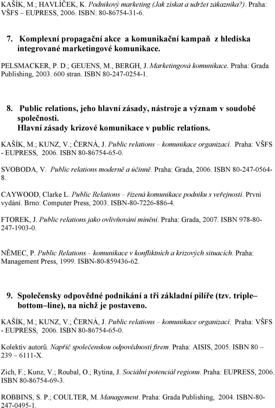 Public relations komunikace organizací. Praha: VŠFS - EUPRESS, 2006. ISBN 80-86754-65-0. SVOBODA, V. Public relations moderně a účinně. Praha: Grada, 2006. ISBN 80-247-0564-8. CAYWOOD, Clarke L.