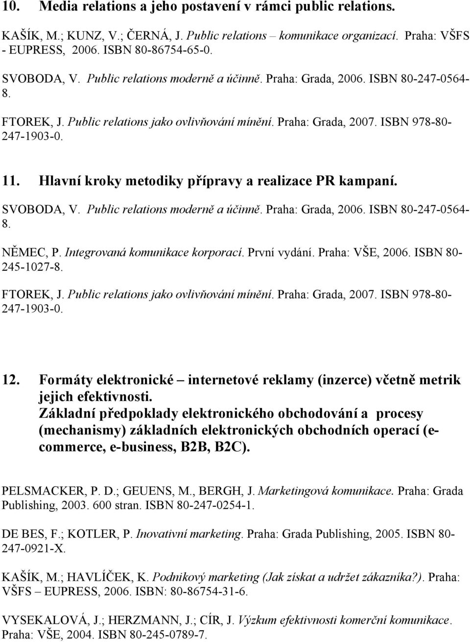 Hlavní kroky metodiky přípravy a realizace PR kampaní. SVOBODA, V. Public relations moderně a účinně. Praha: Grada, 2006. ISBN 80-247-0564-8. FTOREK, J. Public relations jako ovlivňování mínění.