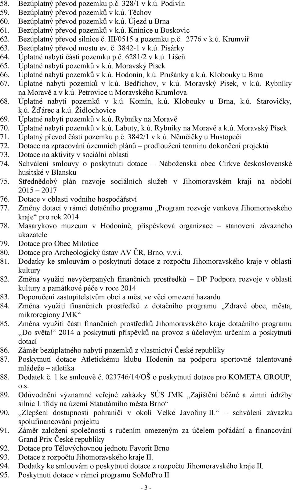 Úplatné nabytí pozemků v k.ú. Moravský Písek 66. Úplatné nabytí pozemků v k.ú. Hodonín, k.ú. Prušánky a k.ú. Klobouky u Brna 67. Úplatné nabytí pozemků v k.ú. Bedřichov, v k.ú. Moravský Písek, v k.ú. Rybníky na Moravě a v k.