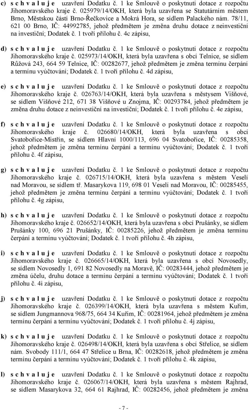 78/11, 621 00 Brno, IČ: 44992785, jehož předmětem je změna druhu dotace z neinvestiční na investiční; Dodatek č. 1 tvoří přílohu č. 4c zápisu, d) s c h v a l u j e uzavření Dodatku č.