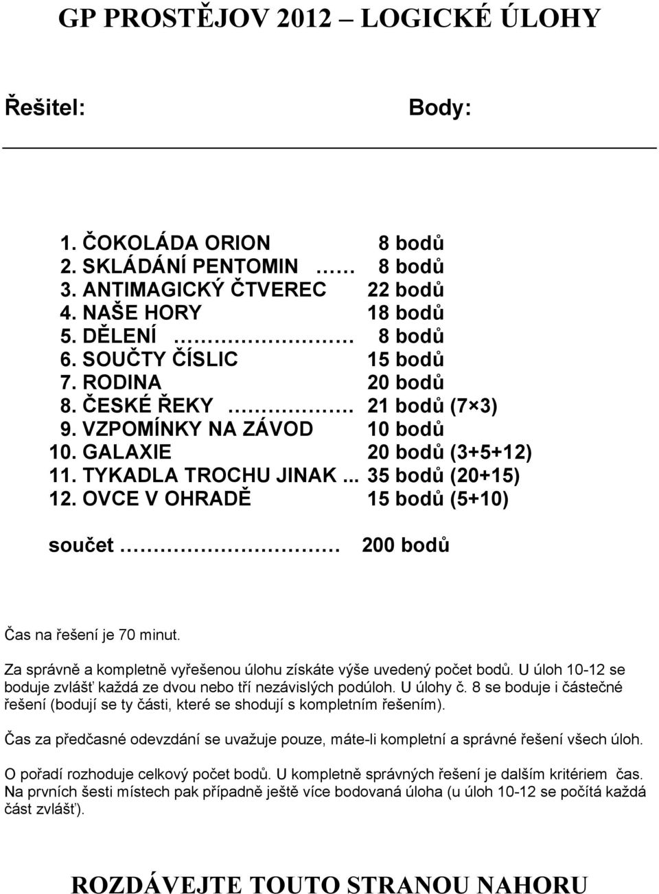 Za správně a kompletně vyřešenou úlohu získáte výše uvedený počet bodů. U úloh -1 se boduje zvlášť každá ze dvou nebo tří nezávislých podúloh. U úlohy č.