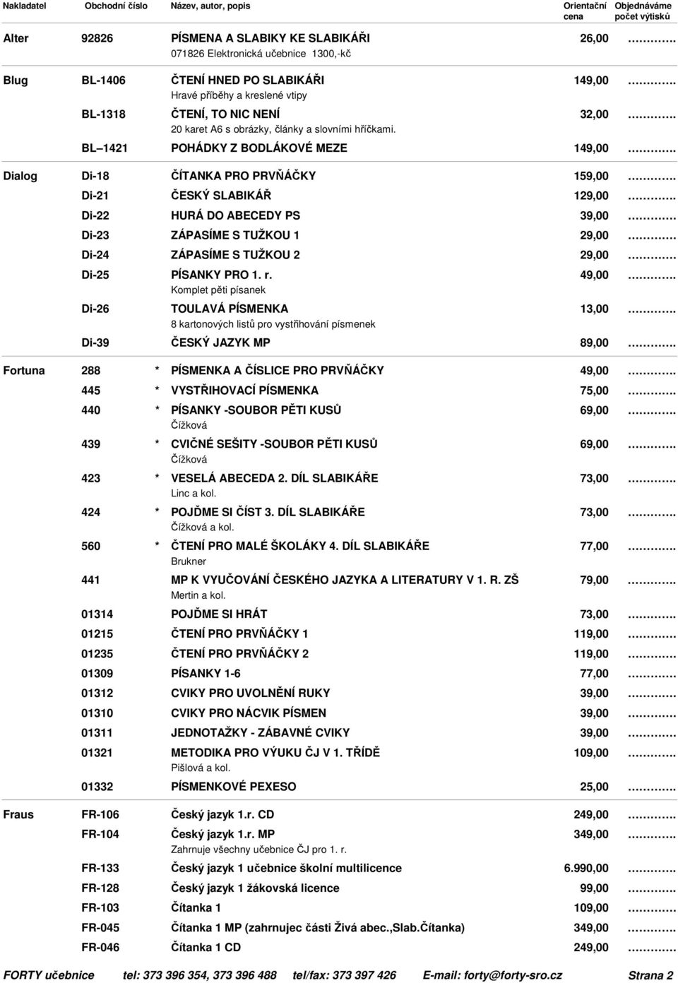 BL 1421 POHÁDKY Z BODLÁKOVÉ MEZE 1 Di-18 ČÍTANKA PRO PRVŇÁČKY 1 Di-21 ČESKÝ SLABIKÁŘ 1 Di-22 HURÁ DO ABECEDY PS Di-23 ZÁPASÍME S TUŽKOU 1 Di-24 ZÁPASÍME S TUŽKOU 2 Di-25 PÍSANKY PRO 1. r.